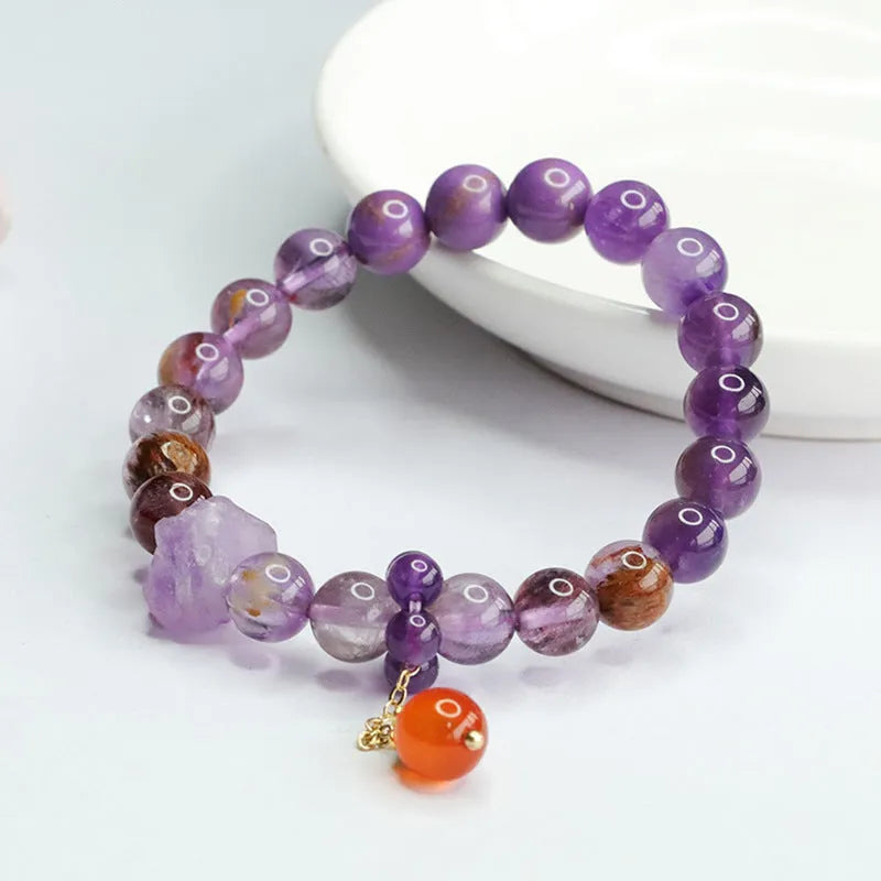 Mori style nine purple fire Duobao crystal bracelet with 8mm amethyst beads and red agate stones