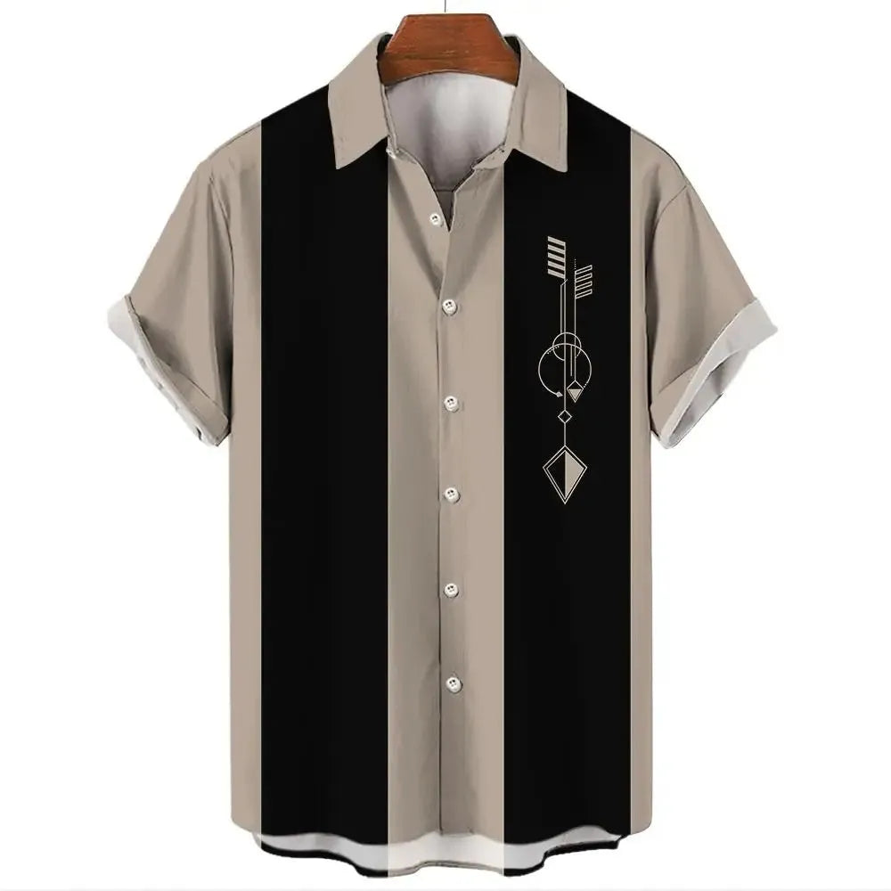 Man wearing a blue and white striped short sleeve Hawaiian button-up shirt.