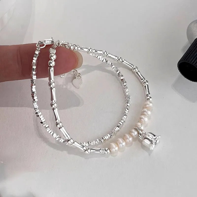 Silver pearl lily of the valley pendant bracelet on copper chain