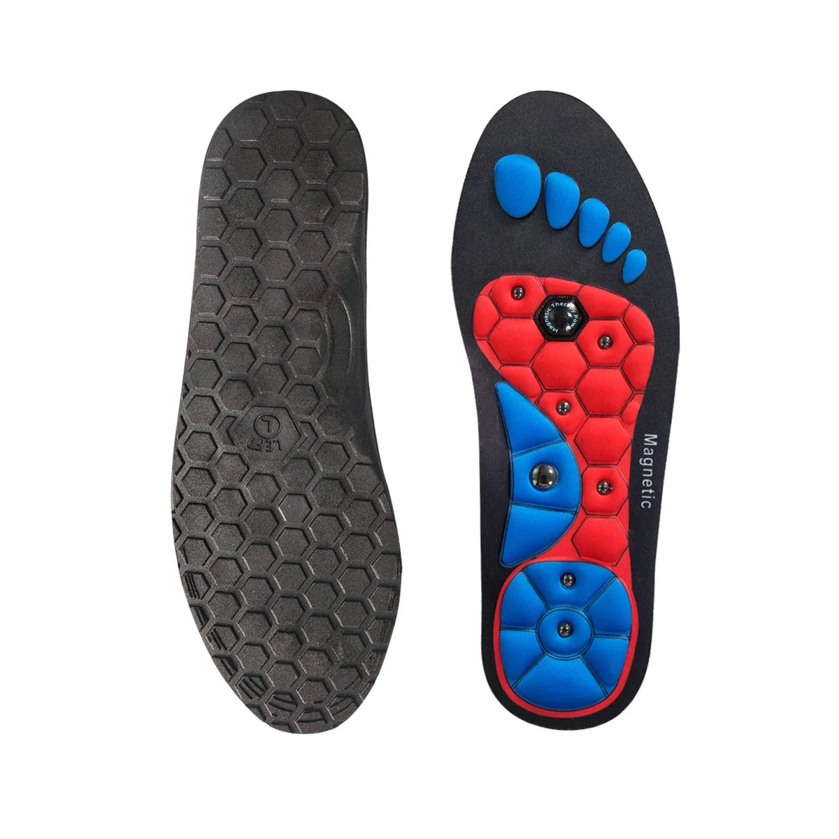 Black magnetic EVA insoles with gel massage nodes on a neutral background