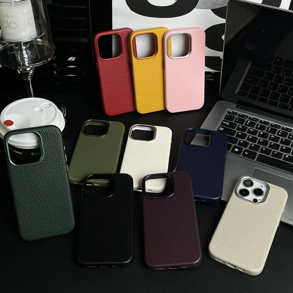 Leather magnetic phone case with lychee pattern, drop-resistant, available for iPhone 12-15 Pro Max in dark green