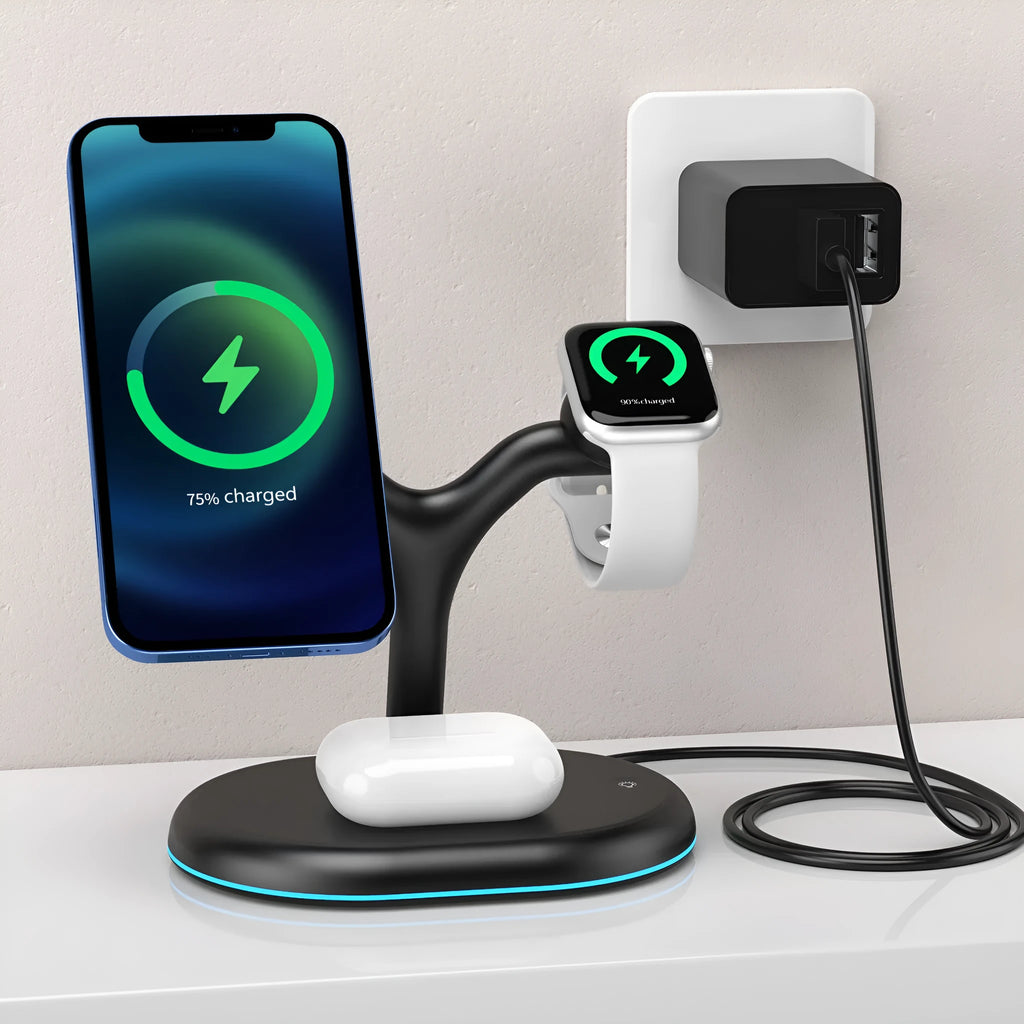 Black magnetic wireless charger with simple design on solid background