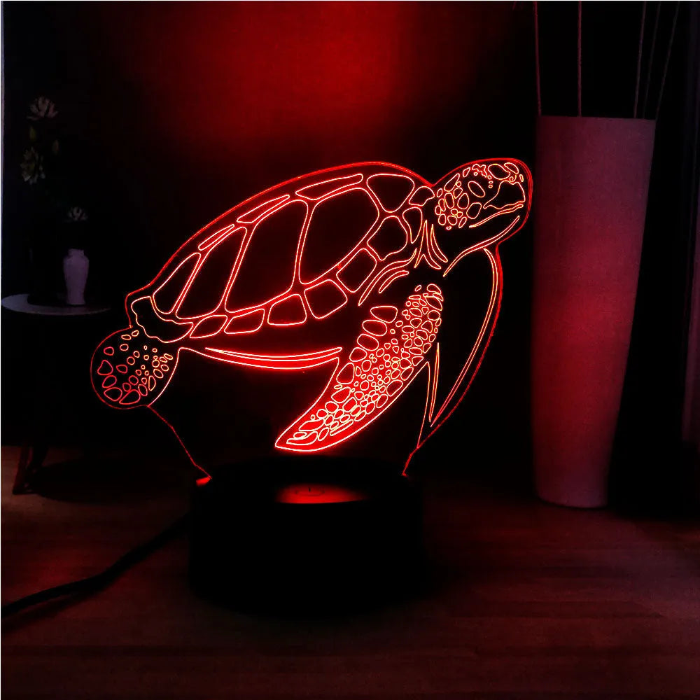 3D acrylic turtle LED night light showing colour-changing illumination