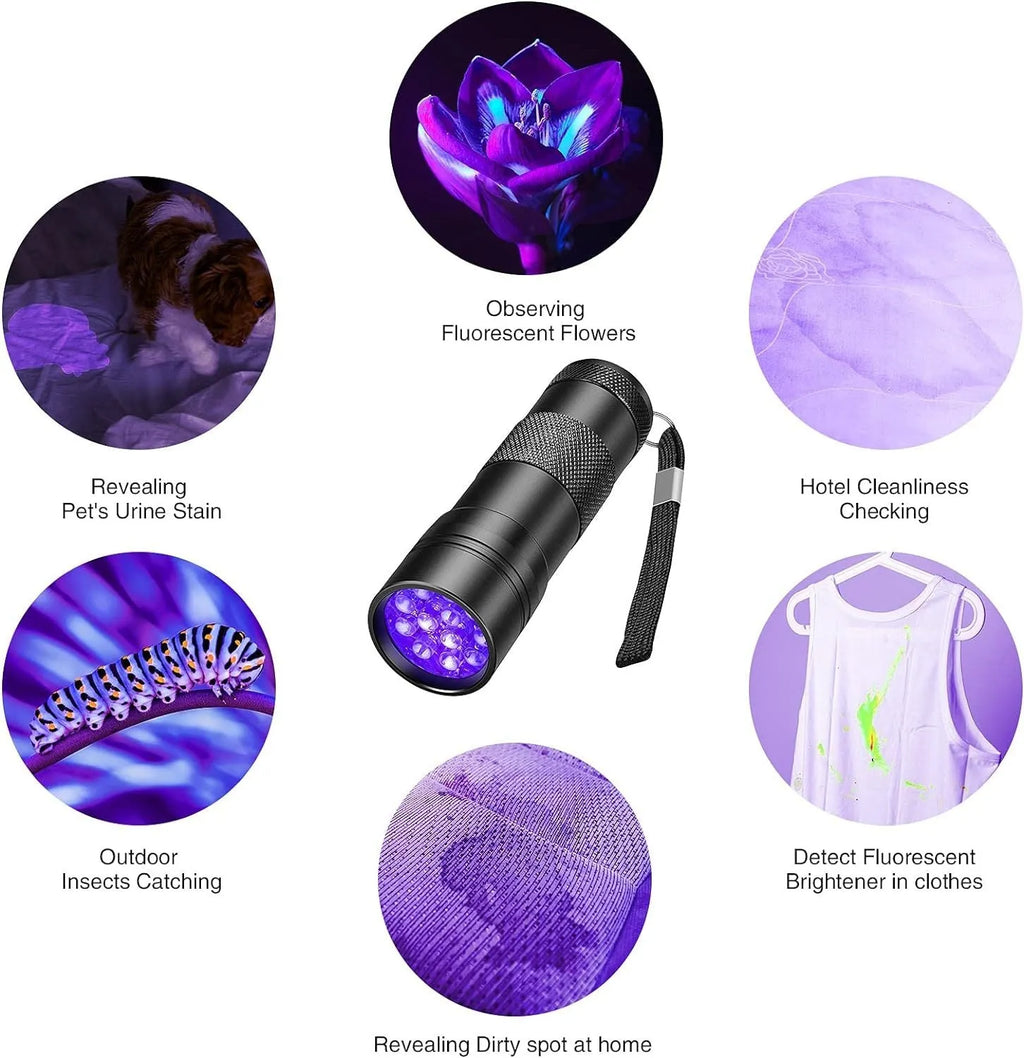 Black aluminium alloy UV flashlight torch for detecting pet urine stains and bed bugs