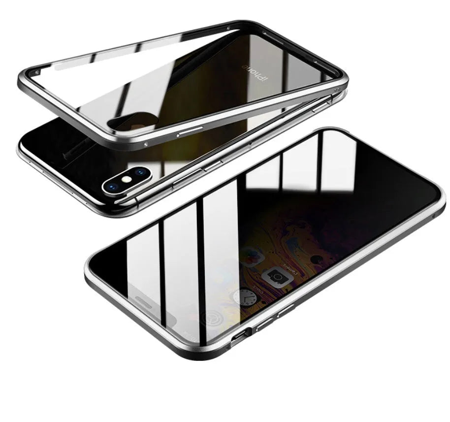 Glass anti-spy clamshell phone case for iPhone in multiple colours showing geometric pattern.