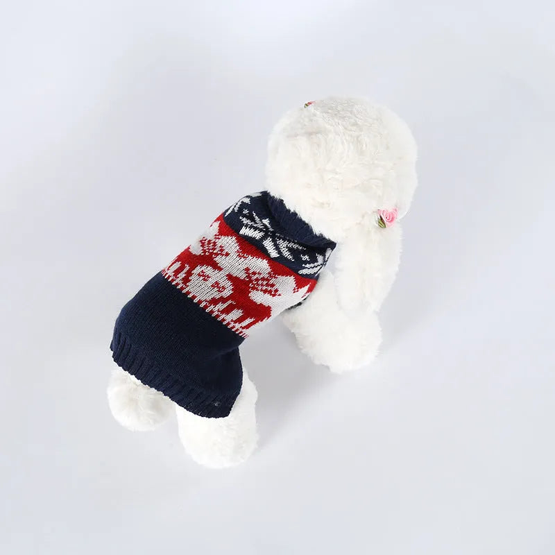 Navy blue knitted Christmas jumper for dogs with personalised festive design