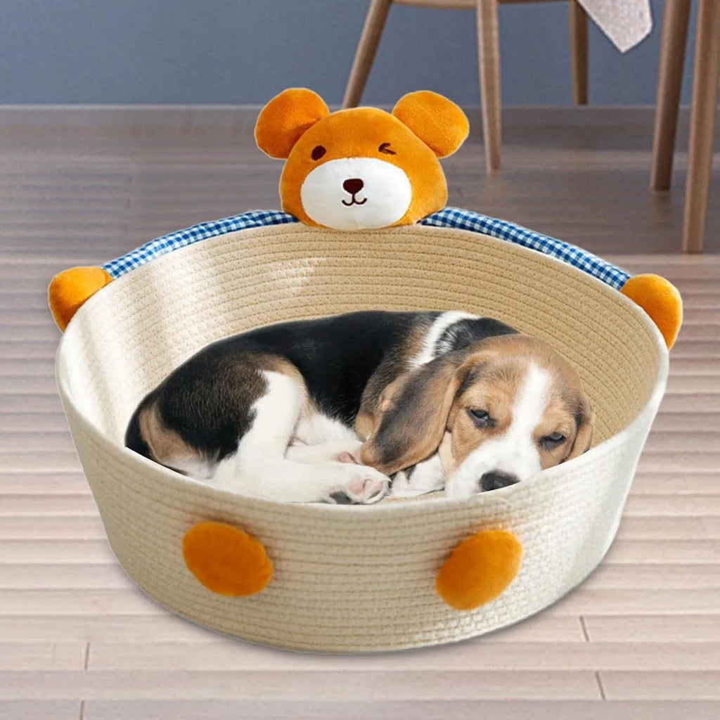 Woven cotton rope cat bed with integrated scratching board in basket design