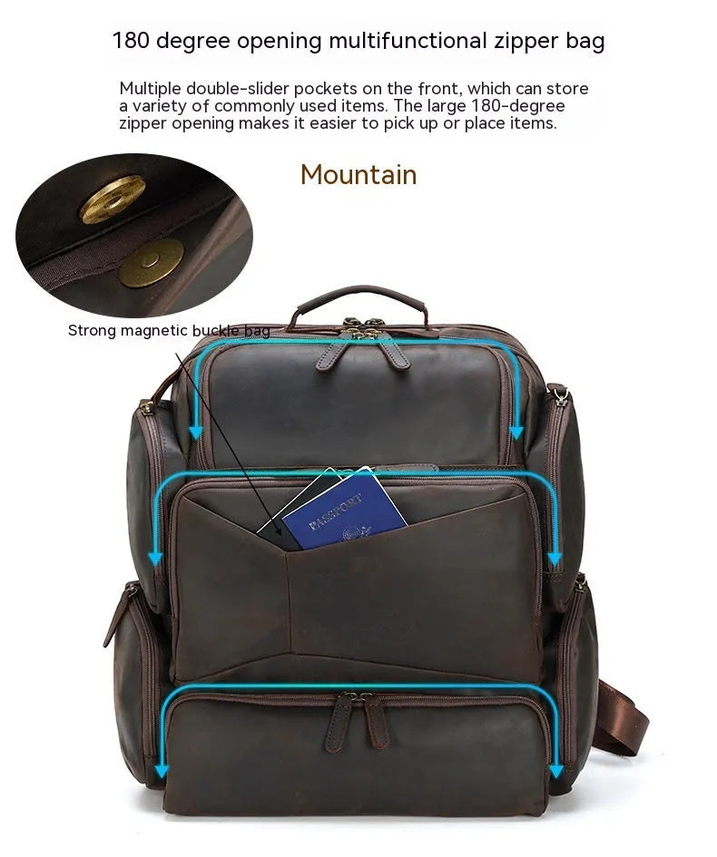 Dark brown retro genuine leather backpack for men showing front view with double straps and soft handle.