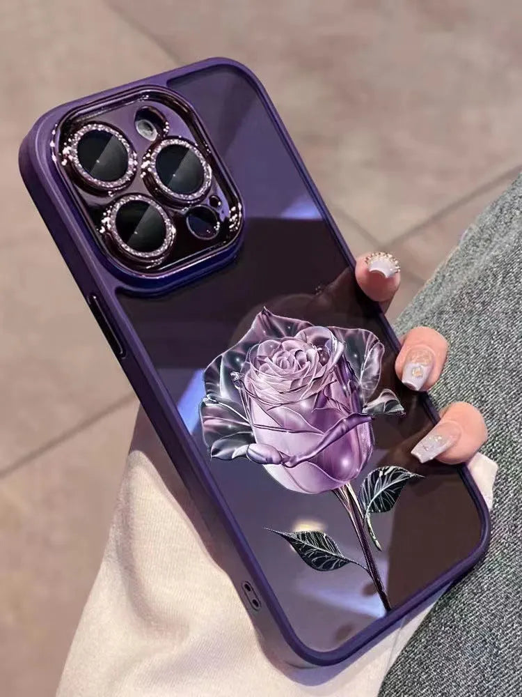 Dark Purple Fairy Rose TPU iPhone case with sparkling pink lens film for camera protection
