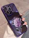 Dark Purple Fairy Rose TPU iPhone case with sparkling pink lens film for camera protection