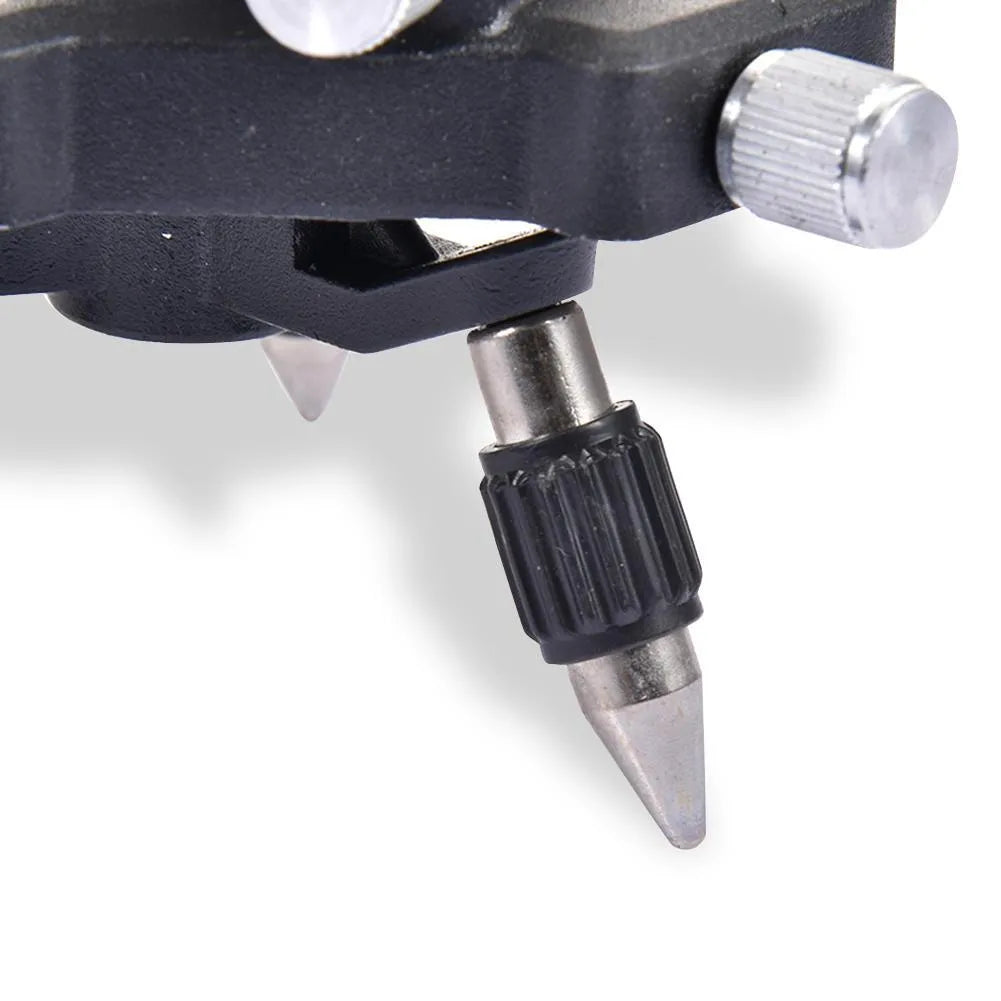 Black aluminium alloy spirit level base measuring 15cm by 12cm on a work surface