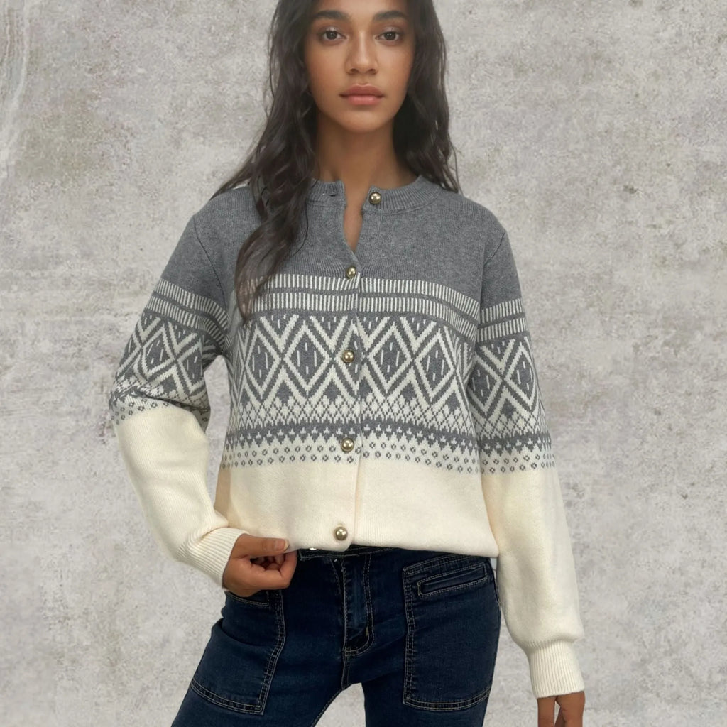 Women's alpaca wool diamond knit cardigan with long sleeves and contrast colour detailing