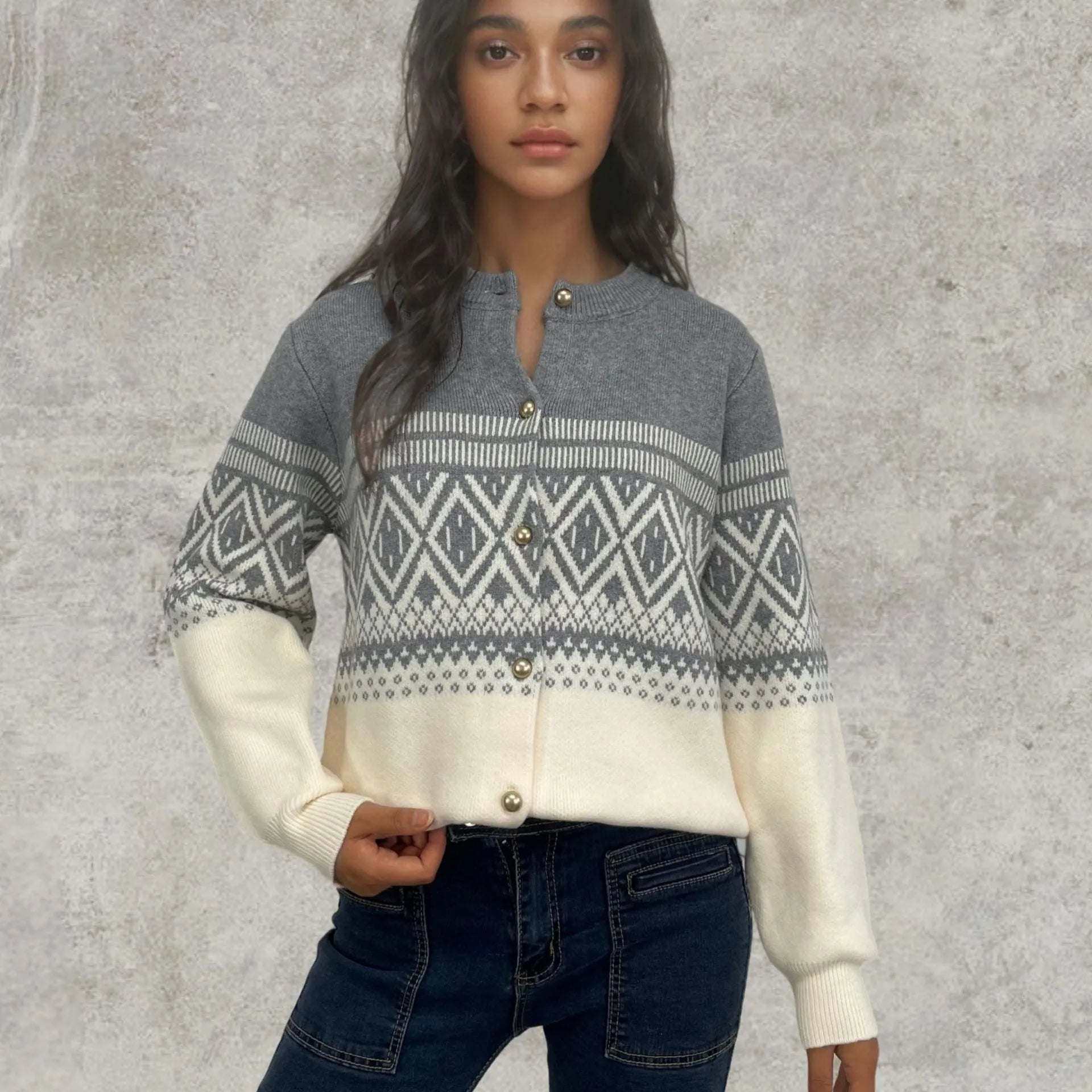 Women's alpaca wool diamond knit cardigan with long sleeves and contrast colour detailing
