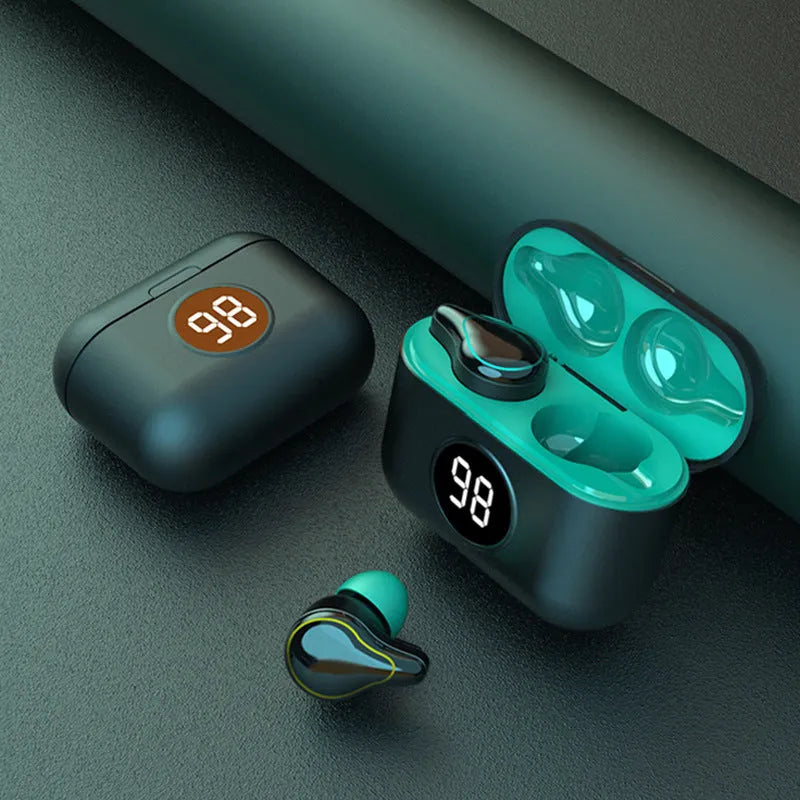Black and blue in-ear Bluetooth headset with bilateral stereo earplugs