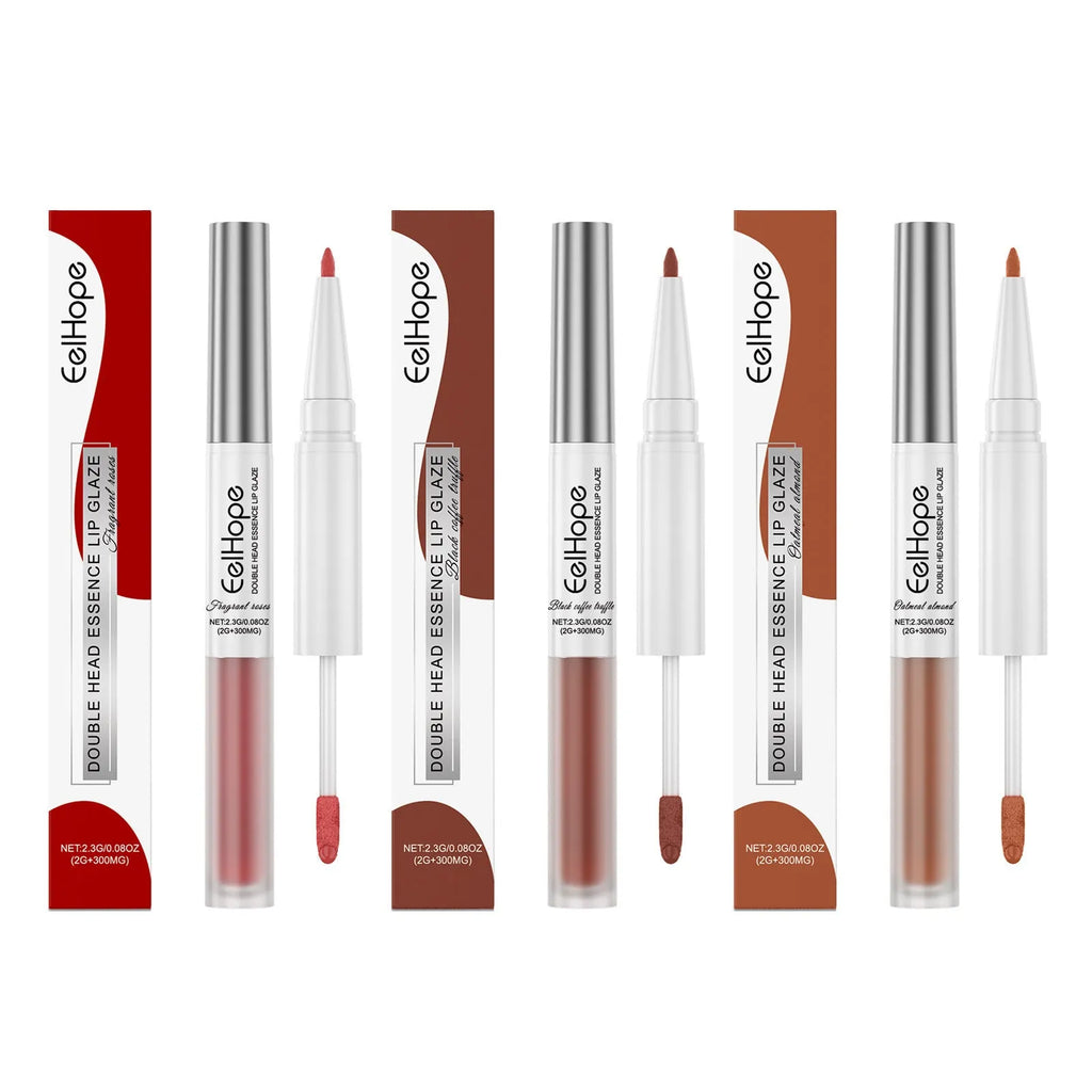 Double-headed lip liner and lip lacquer pen set showing three neutral matte shade options