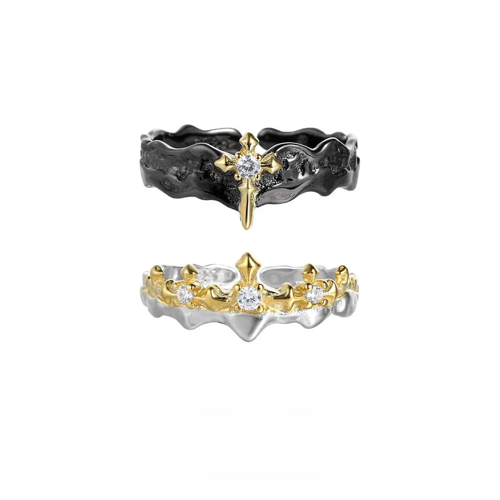 Adjustable opening silver ring with princess knight couple minority design in white gold or black gold colour