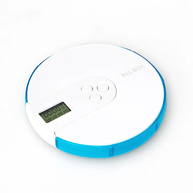 Compact blue 7-compartment alarm clock pill dispenser with digital timer display.