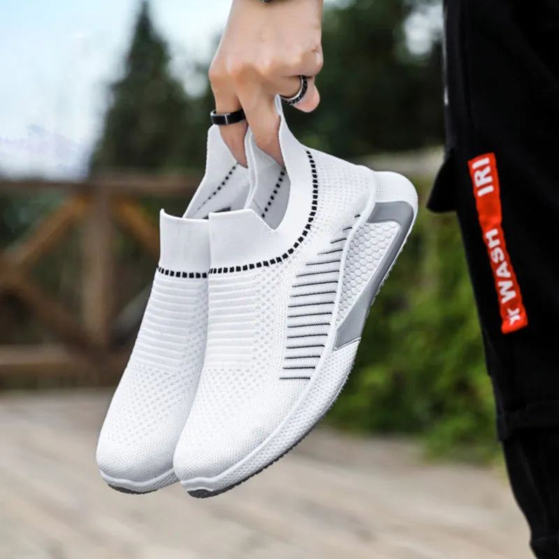 Men's striped mesh sock shoes with Flyknit upper and front lace-up closure in black, black white, or white colours