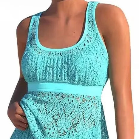 Women's conservative split professional swimwear two-piece set with hollow back design