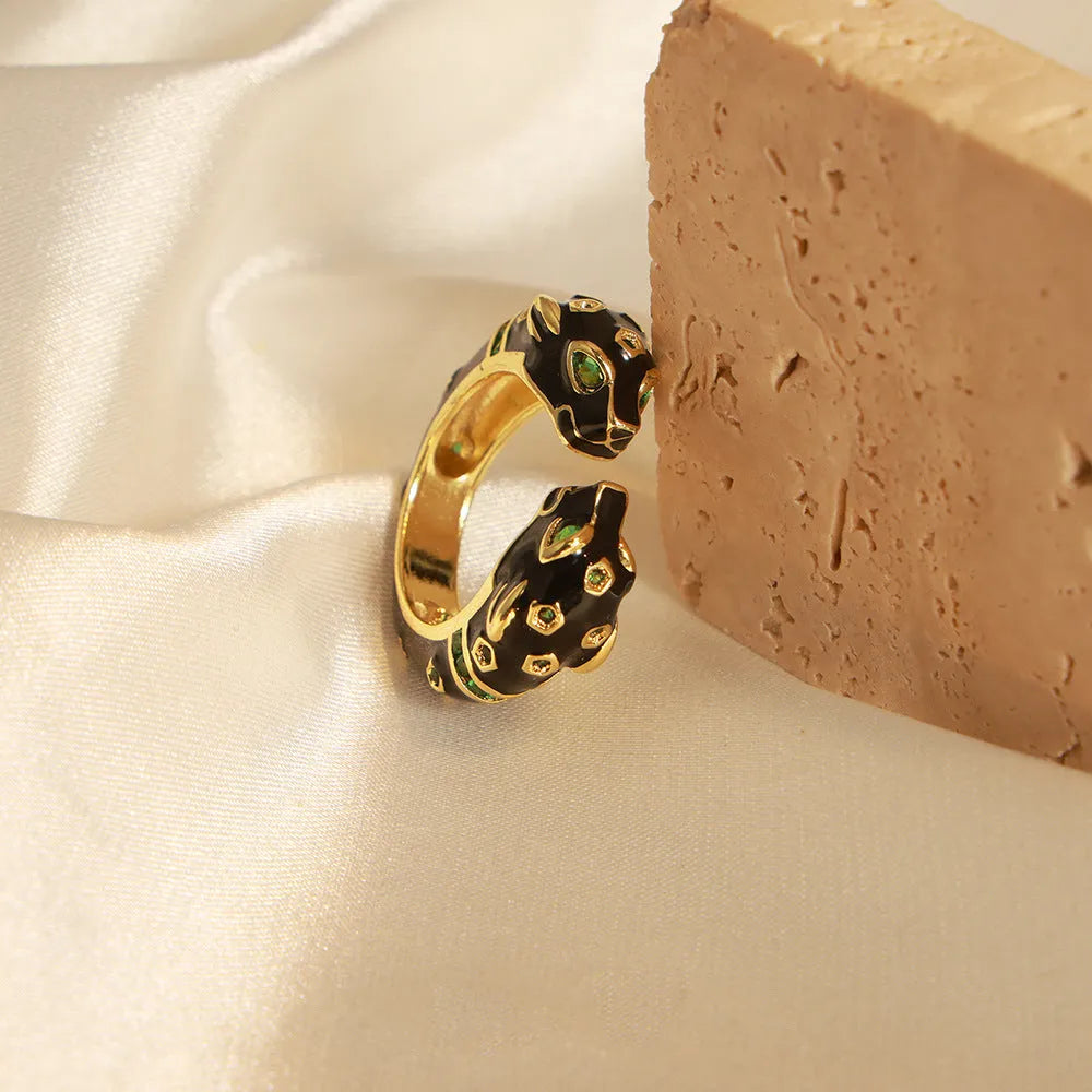 Black geometric cheetah pattern open ring with electroplated finish, size 7 women's fashion jewellery