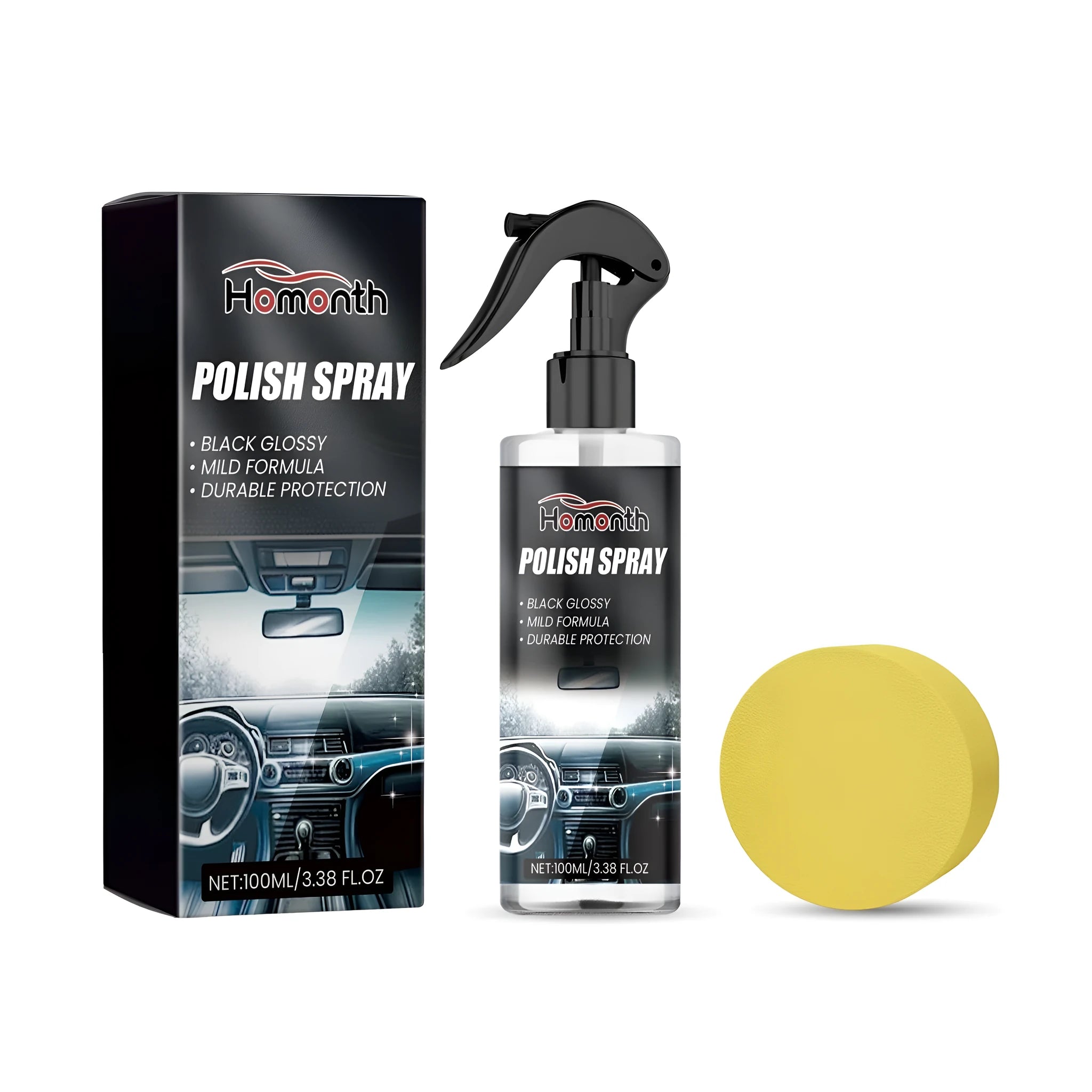 Car interior cleaner kit with 100ml PE bottle and small applicator sponge.