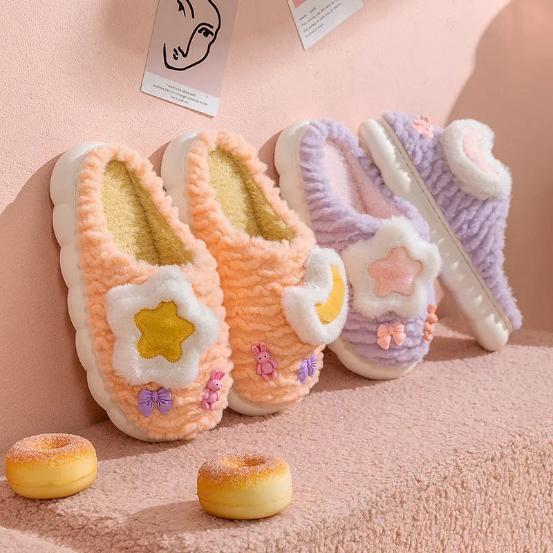 Women's light blue cartoon fleece-lined slippers with animal print and PVC sole