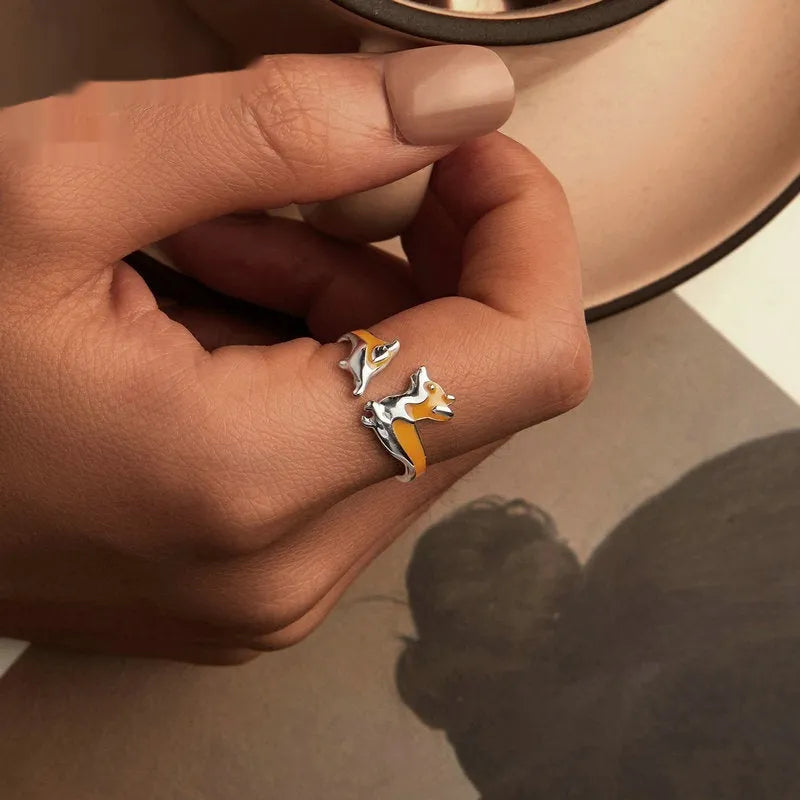 Sterling silver corgi cartoon ring with electroplated SCR1014-E colour for women