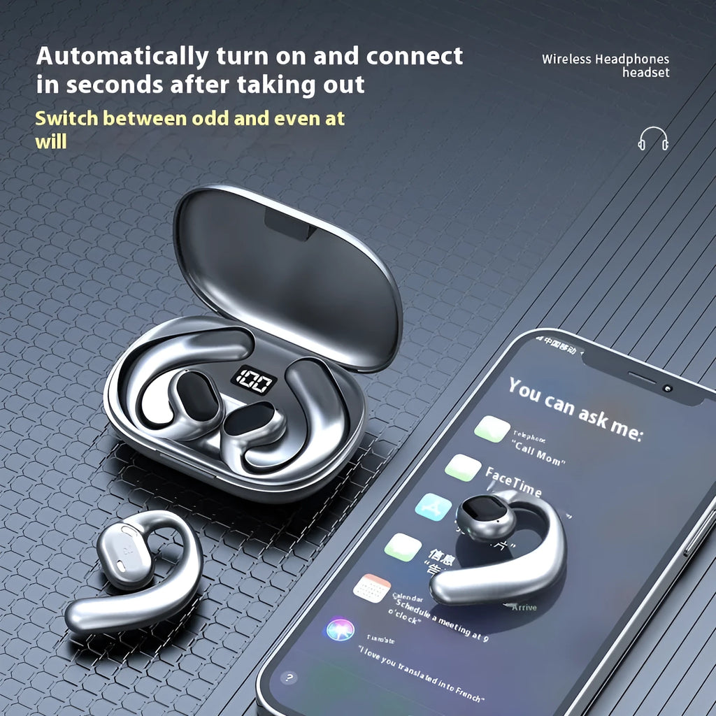 Black and white ear-mounted Bluetooth headset with digital display screen on side