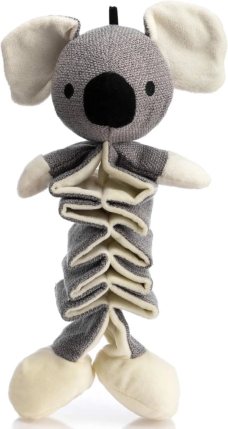 Grey koala plush dog toy measuring 30cm long with visible stitching and plush limb texture.