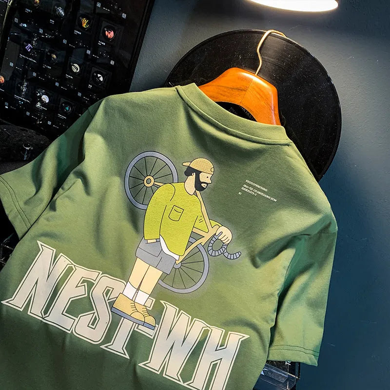 Green men's loose fit T-shirt with a printed literary youth design on the front.