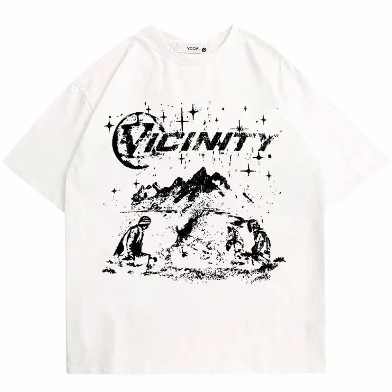 Y2g men's loose black cotton t-shirt with artistic vicinity printing and short sleeves.