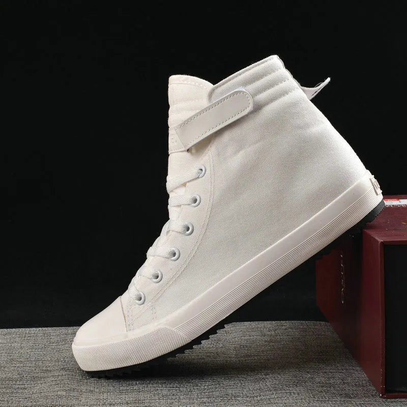 Velcro student canvas shoes high top round toe flat heel vulcanised rubber sole in black and white