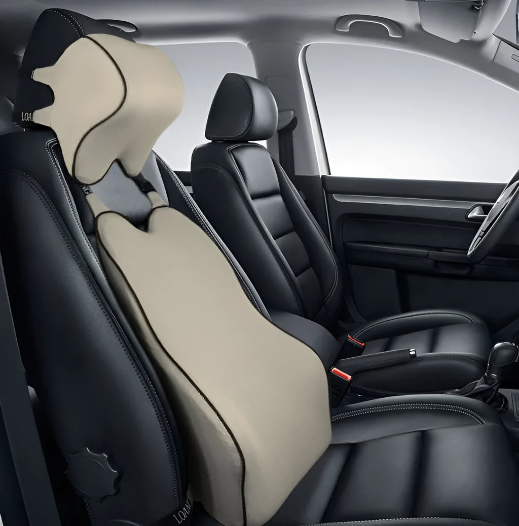 Car neck pillow and lumbar set with memory cotton filling in beige, black, and gray colour options