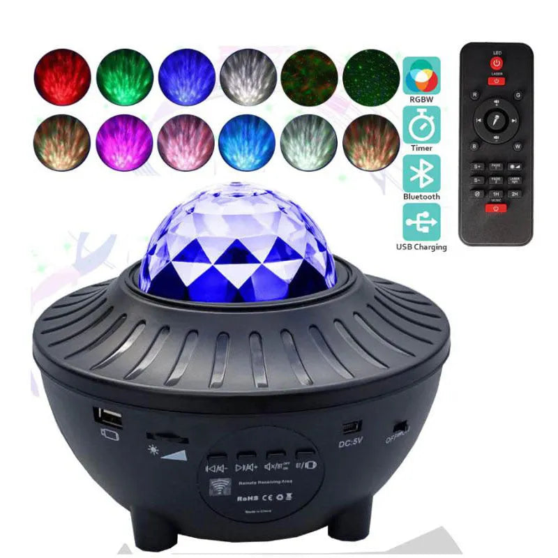 LED Bluetooth music projector light with starry sky effect, green laser, remote control, and USB cable