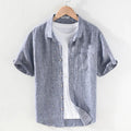 Men's casual short sleeve linen shirt with square collar in raw jute and grey colours