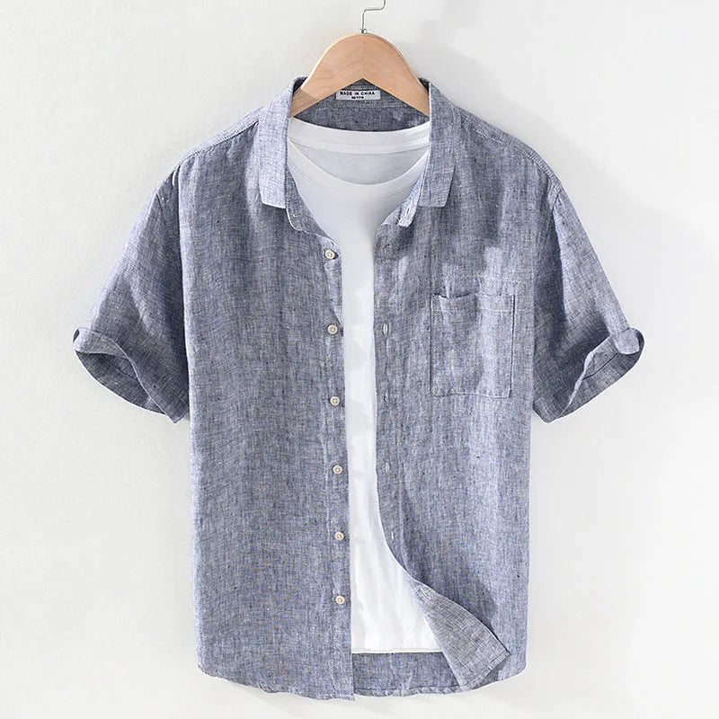 Men's casual short sleeve linen shirt with square collar in raw jute and grey colours