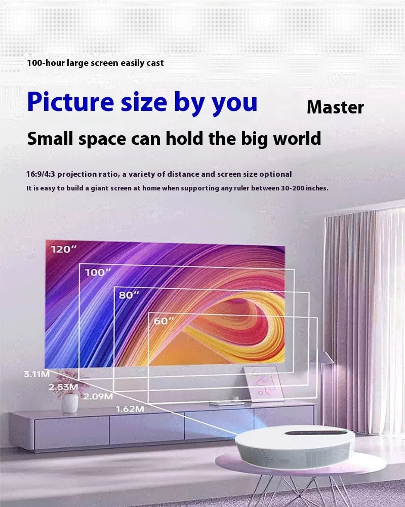 White HD projector with remote control on stand, showing 720p resolution display for home cinema use