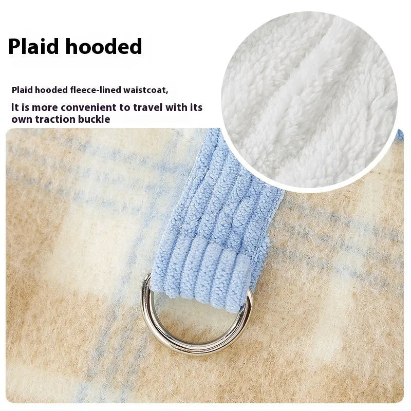 Blue corduroy chessboard pattern hooded vest for dog on size chart showing weights from 0.5kg to 10kg