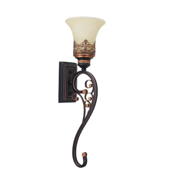 American wrought iron single head wall lamp with glass shade in matte black