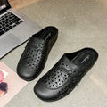 Women's apricot fairy style PVC half slippers with hollow-out design and flat toe box.