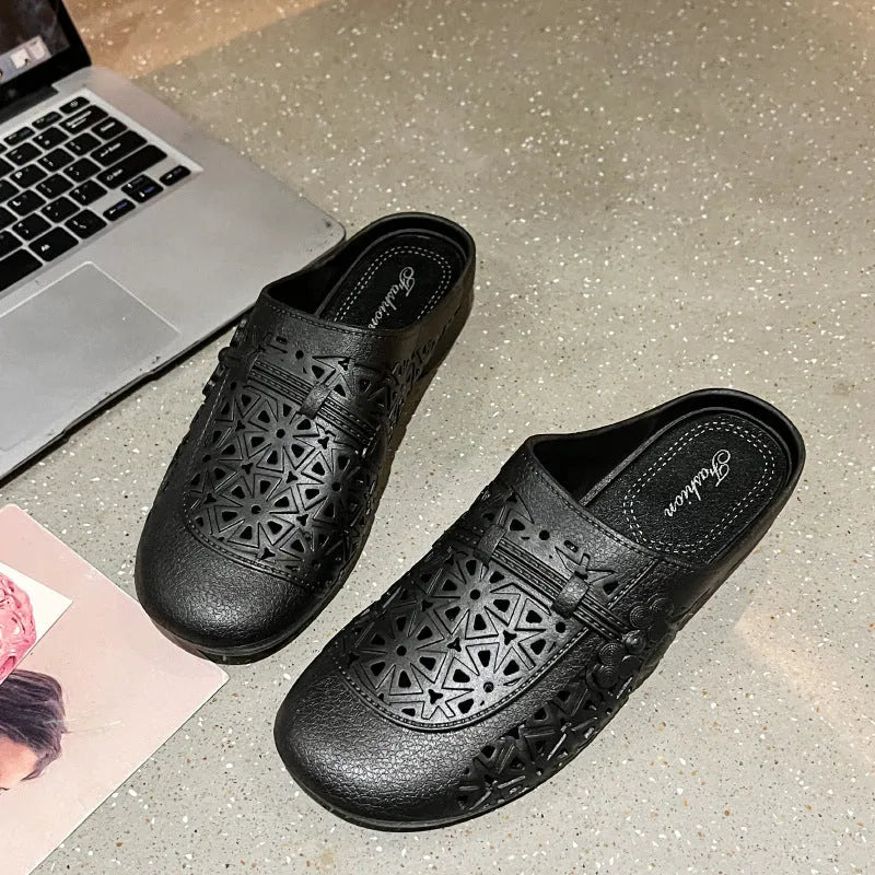 Women's apricot fairy style PVC half slippers with hollow-out design and flat toe box.