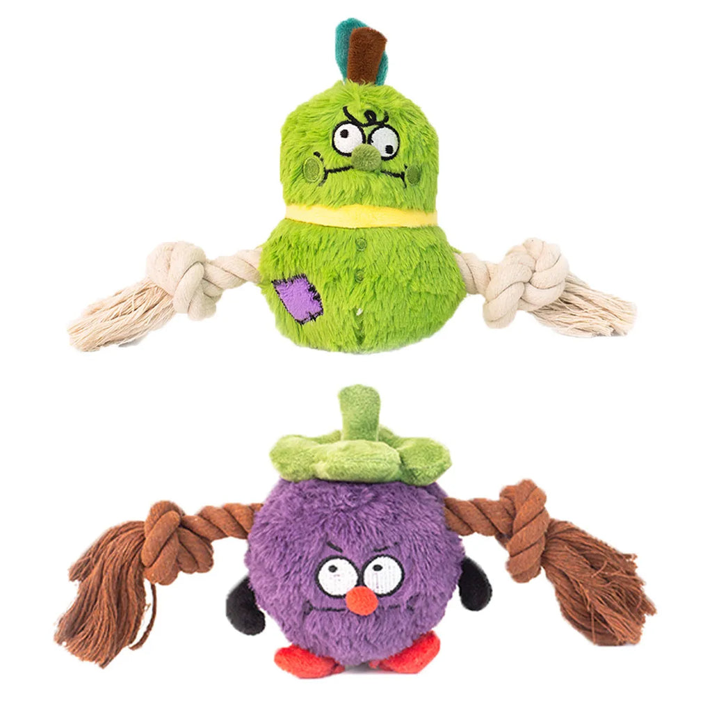 Green and purple interactive plush dog toy with rope knots and a molar tooth design for tug of war.