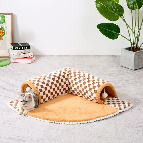 Coffee coloured plush dog and cat bed with integrated tunnel, shown in a fan-shaped plaid design