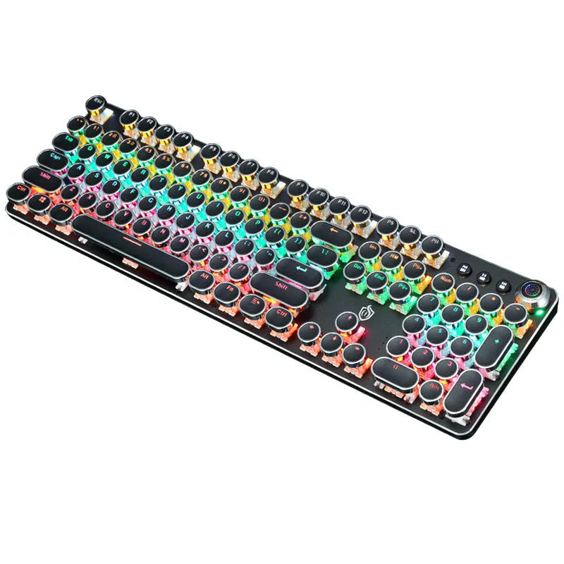 Retro punk electroplated knob mechanical keyboard with 104 keys, USB wired connection and seven-colour backlight in black or white