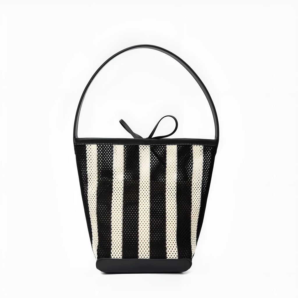 Black and white striped woven fabric women's bucket shoulder bag