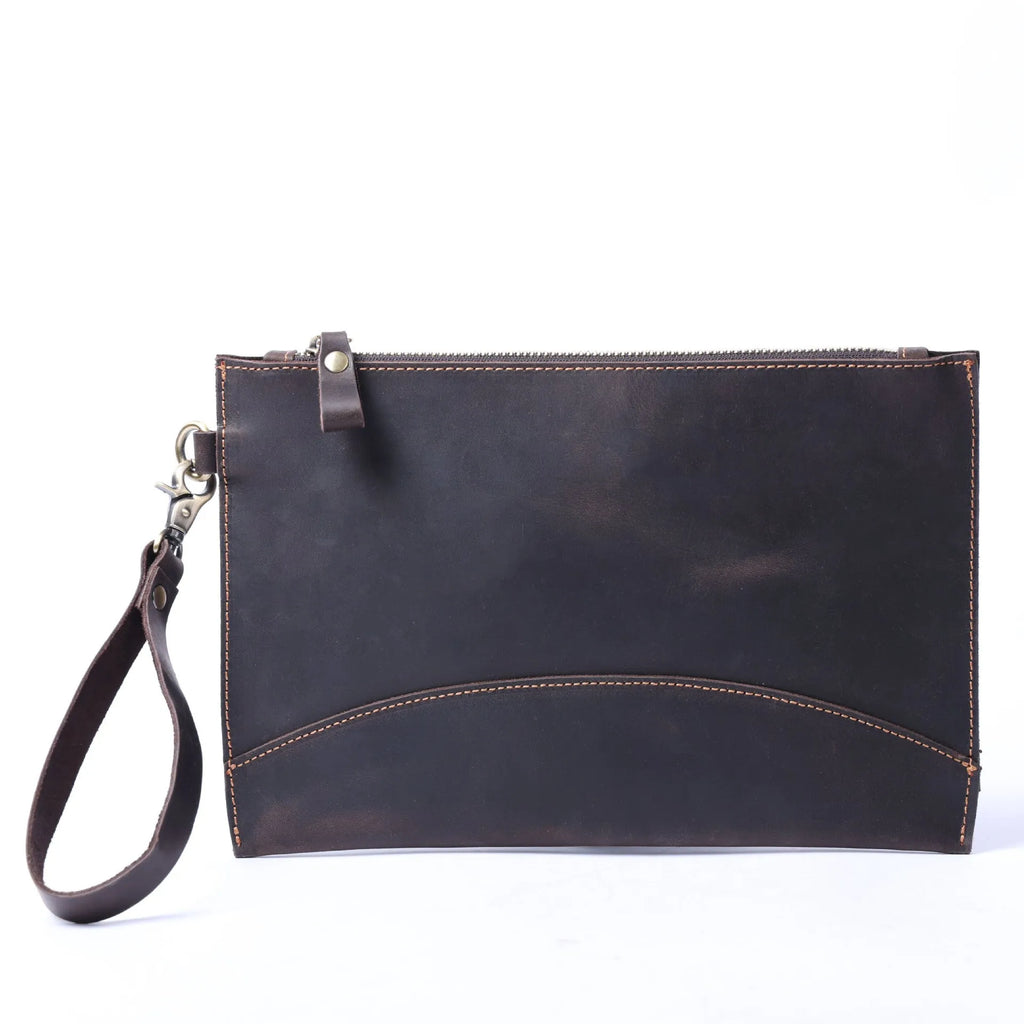 Men's crazy horse leather clutch in dark coffee colour, front view, genuine first layer cowhide with urban simplicity design