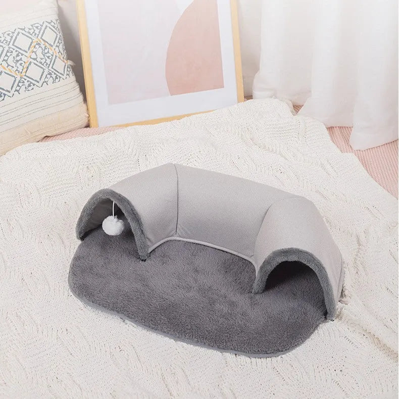 Oval cat nest tunnel in black and grey plush artificial leather and cotton velvet for indoor cats