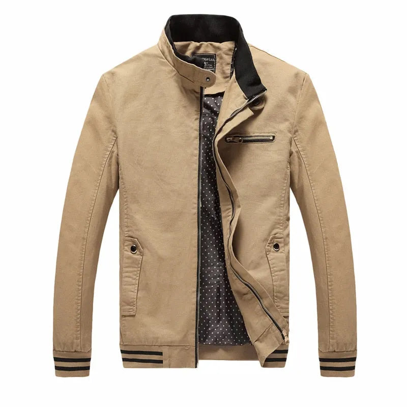 Men's washed pure cotton casual jacket coat in khaki, front view, showing button closure and collar