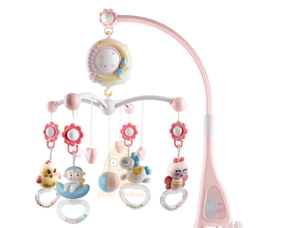 Baby crib mobile with music box, star projection, and remote control for newborn sleep