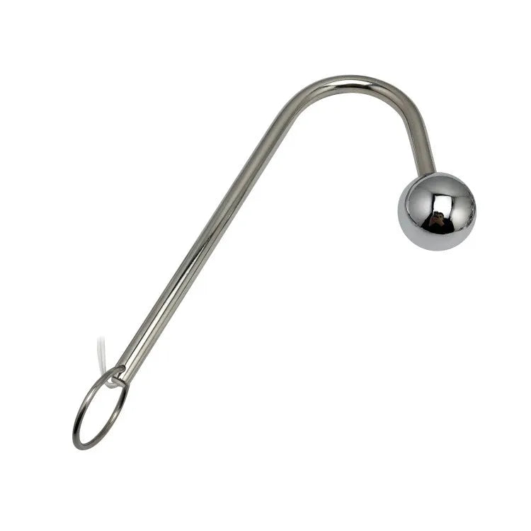 Silver metal stainless steel electric shock couple toy with three round bead sizes on a dark surface